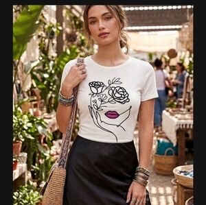 White Graphic Embroidery Rhinestone Tee